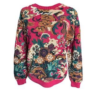 Vtg 90s Y2K Hand Knit Women's Sweater Chunky Floral Grandmacore Medium